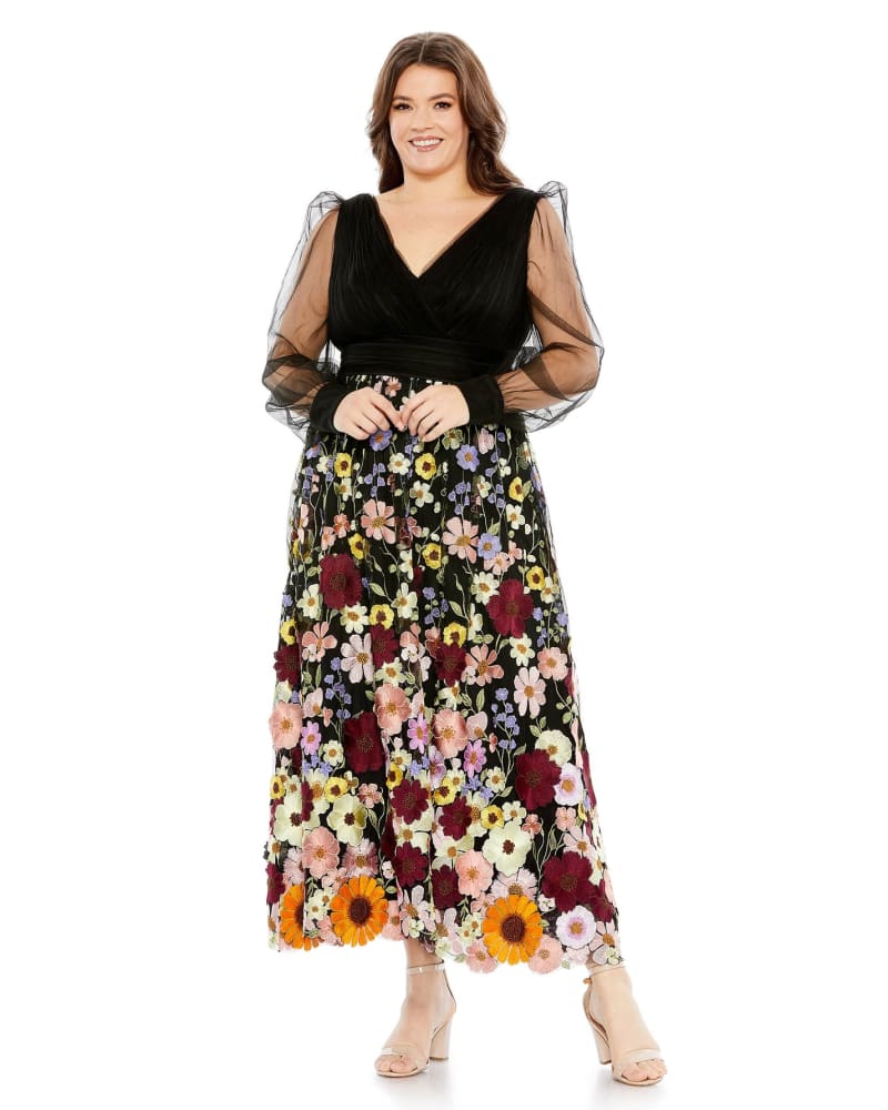 Front of a model wearing a size 12W Embroidered Puff Sleeve A Line Dress in Black Multi by Mac Duggal. | dia_product_style_image_id:289980